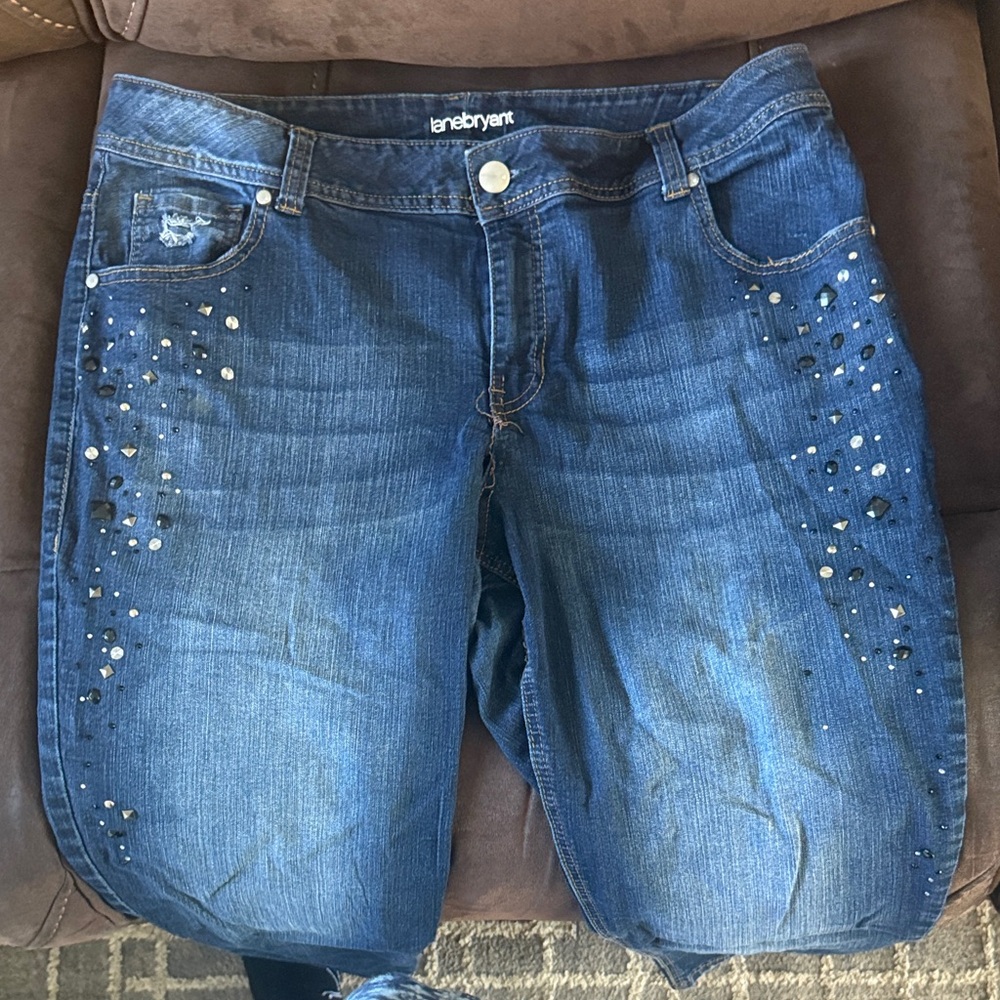 Lane Bryant Dark Blue Denim Jeans with black clear silver gunmetal bling